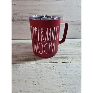 Rae‎ Dunn Peppermint Mocha Red Double Walled Stainless Mug w/ Lid - 12 oz New